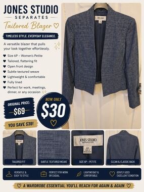 Jones Studio Blue Textured Open-Front Blazer
